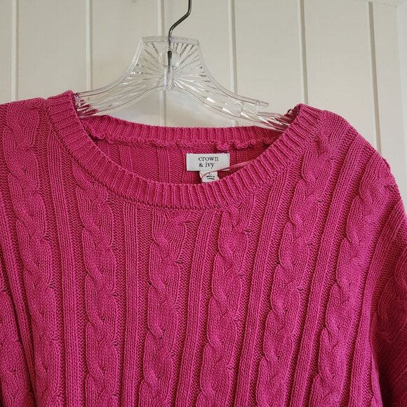 Crown & Ivy L Cable Knit Hot Pink Sweater Womens Pullover Cotton Blend - Picture 2 of 7